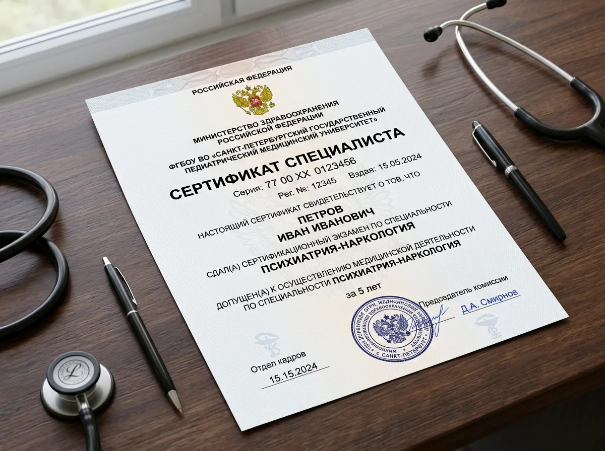 Сертификат специалиста врача-нарколога, документ с подписью и печатью медицинского учреждения, подтверждение квалификации, белый официальный бланк